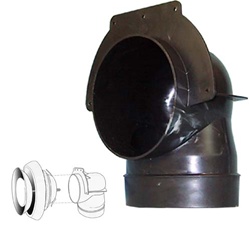 Black, plastic "squeeze" 90 degree elbow for 4" ducting with mounting flange